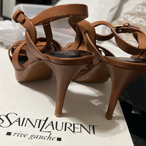 YVES SAINT LAURENT TRIBUTE WOOD-EFFECT PLATFORM SANDALS BROWN LEATHER SIZE 9.5 - Picture 2 of 5